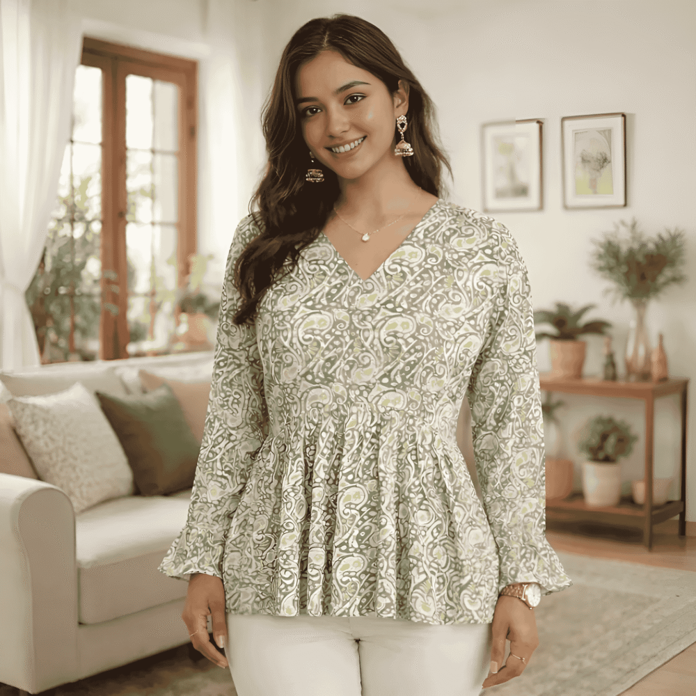 Women's Sage Green Paisley Printed Peplum Top