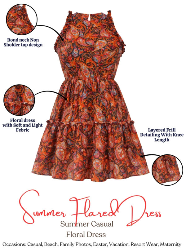 14 Women's Rust Paisley Floral Sleeveless Fit & Flare Mini Dress | Tiered Summer Casual Dress