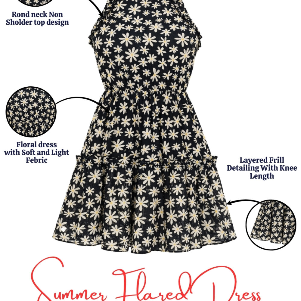 15 Women's Black Daisy Floral Sleeveless Fit & Flare Mini Dress | Summer Casual Tiered Skater Dress