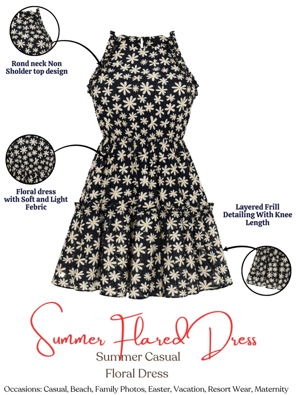 15 Women's Black Daisy Floral Sleeveless Fit & Flare Mini Dress | Summer Casual Tiered Skater Dress