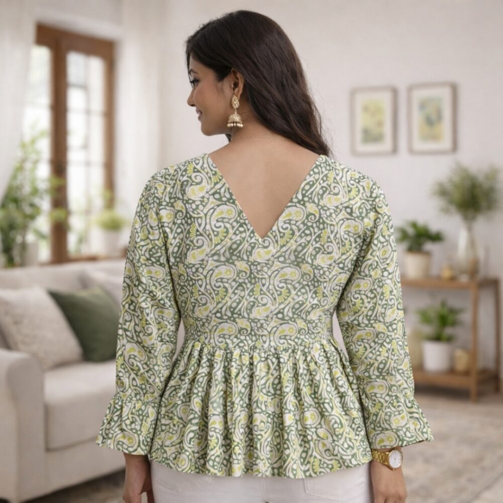 Women's Sage Green Paisley Printed Peplum Top