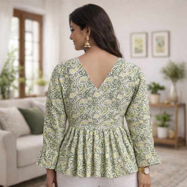 2 Women's Sage Green Paisley Printed Peplum Top