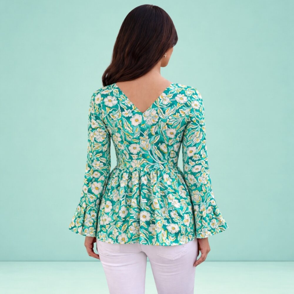 Women's Sea Green Floral Printed Peplum Top | V-Neck Bell Sleeve Casual Top