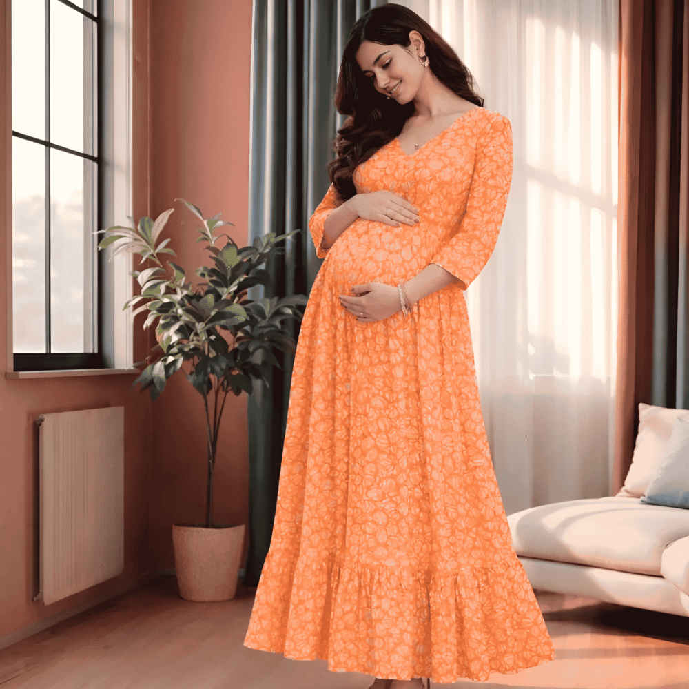 2 Women's Maternity Orange Printed Midi Dress | Feeding Friendly