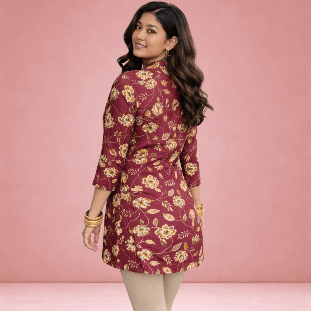 Women's Maroon Floral Printed Cotton Straight Kurti with 3/4 Sleeves