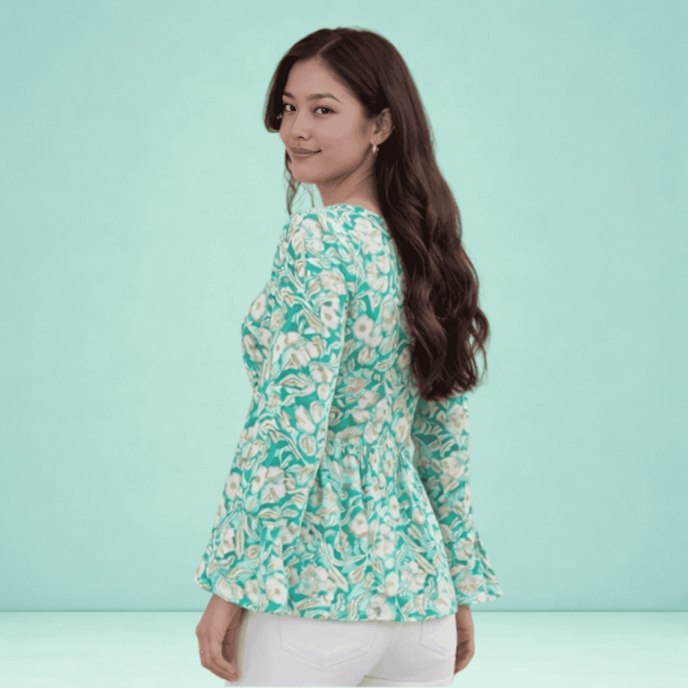 Women's Sea Green Floral Printed Peplum Top | V-Neck Bell Sleeve Casual Top