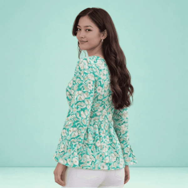 2 Women's Sea Green Floral Printed Peplum Top | V-Neck Bell Sleeve Casual Top