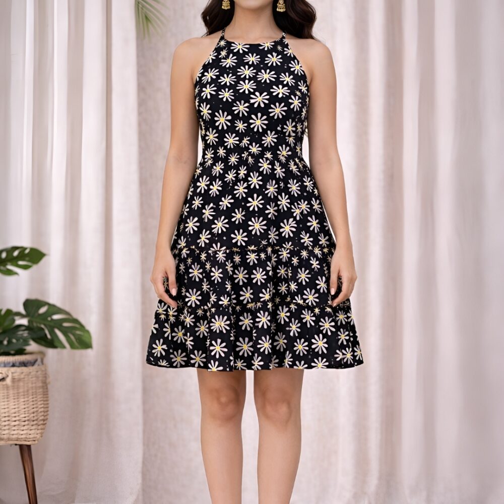 22 Women's Black Daisy Floral Sleeveless Fit & Flare Mini Dress | Summer Casual Tiered Skater Dress