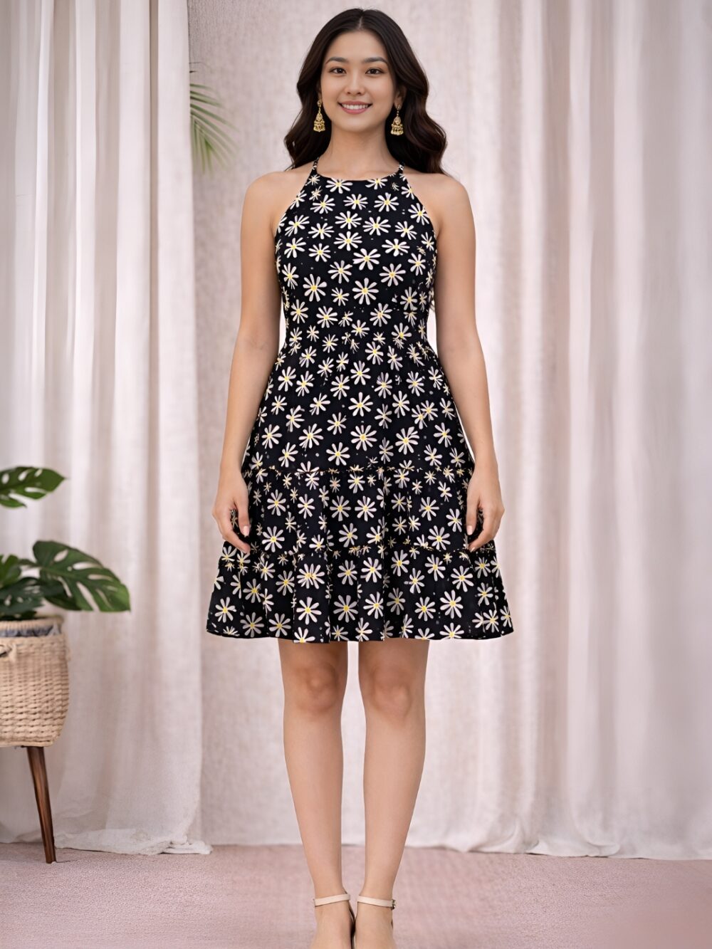 22 Women's Black Daisy Floral Sleeveless Fit & Flare Mini Dress | Summer Casual Tiered Skater Dress