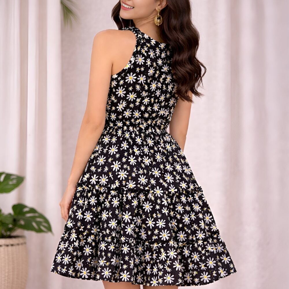 23 Women's Black Daisy Floral Sleeveless Fit & Flare Mini Dress | Summer Casual Tiered Skater Dress