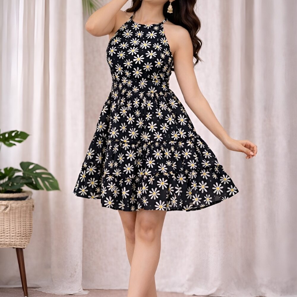 24 Women's Black Daisy Floral Sleeveless Fit & Flare Mini Dress | Summer Casual Tiered Skater Dress