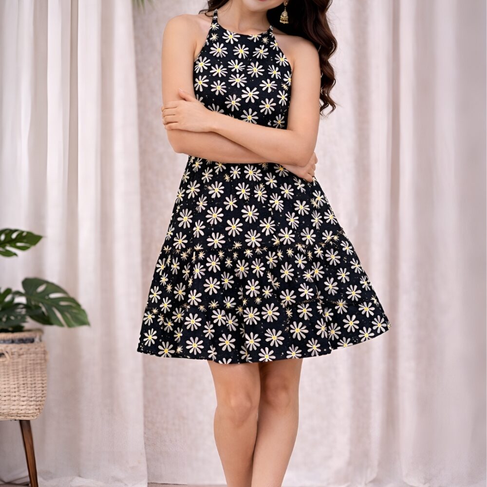 25 Women's Black Daisy Floral Sleeveless Fit & Flare Mini Dress | Summer Casual Tiered Skater Dress