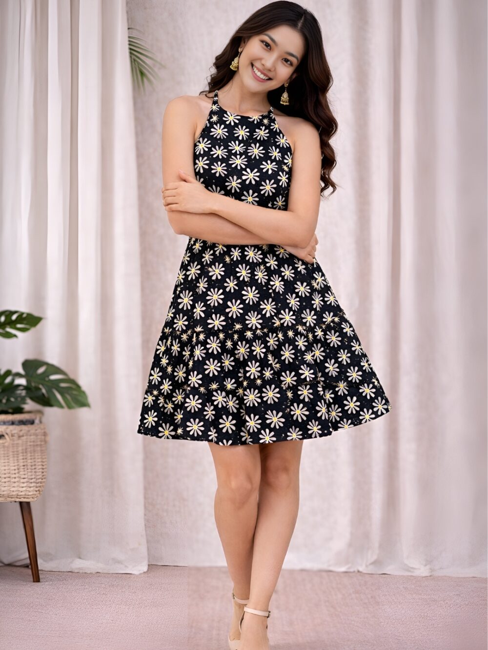 25 Women's Black Daisy Floral Sleeveless Fit & Flare Mini Dress | Summer Casual Tiered Skater Dress