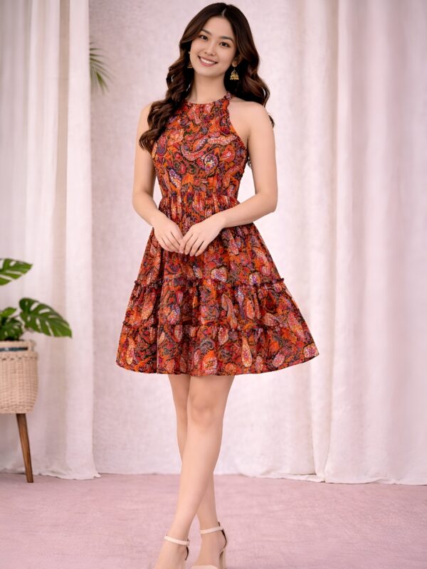 27 Women's Rust Paisley Floral Sleeveless Fit & Flare Mini Dress | Tiered Summer Casual Dress