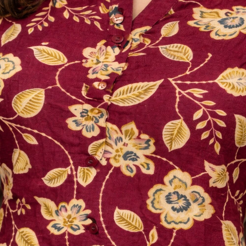 Women's Maroon Floral Printed Cotton Straight Kurti with 3/4 Sleeves