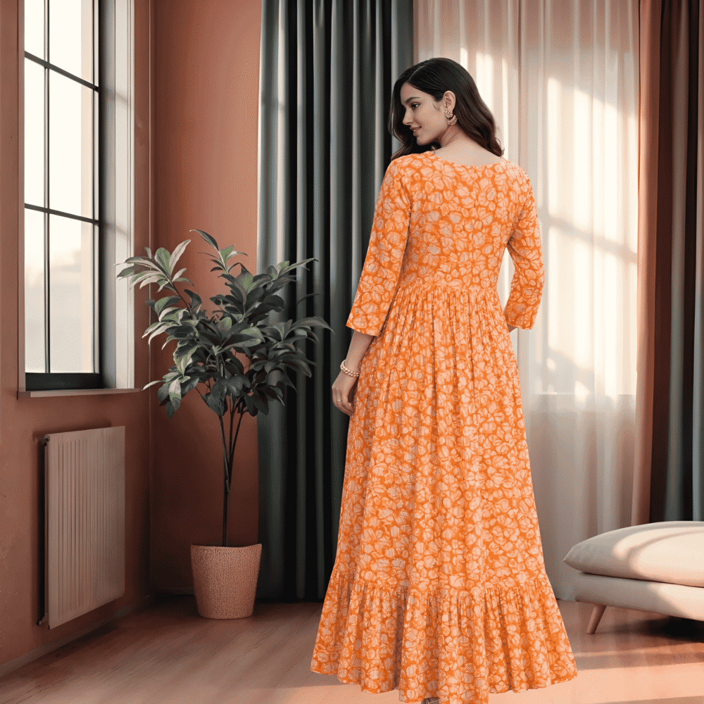 3 Women's Maternity Orange Printed Midi Dress | Feeding Friendly