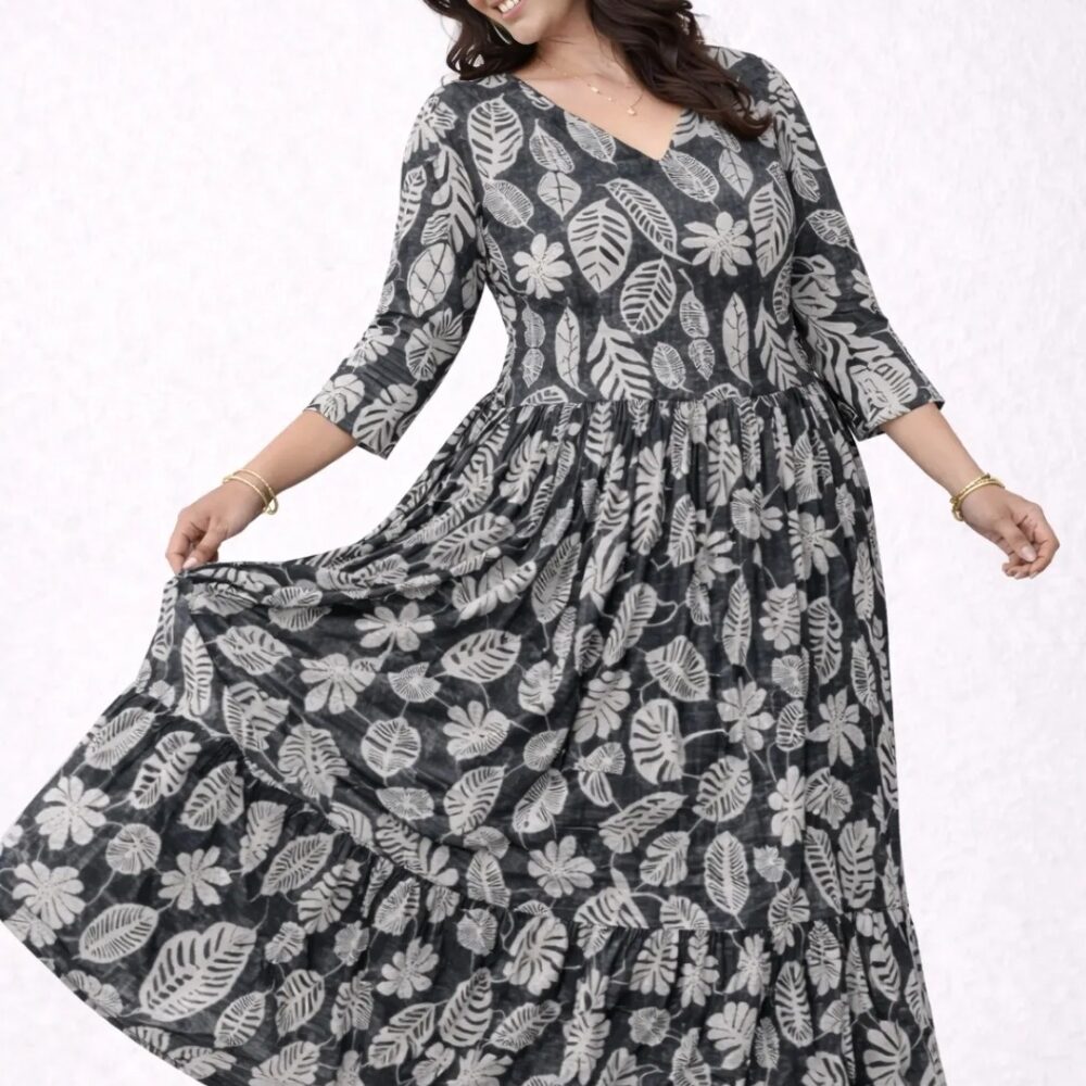 3 Women's Grey Leaf Printed Tiered Midi Dress | V-Neck Casual Dress
