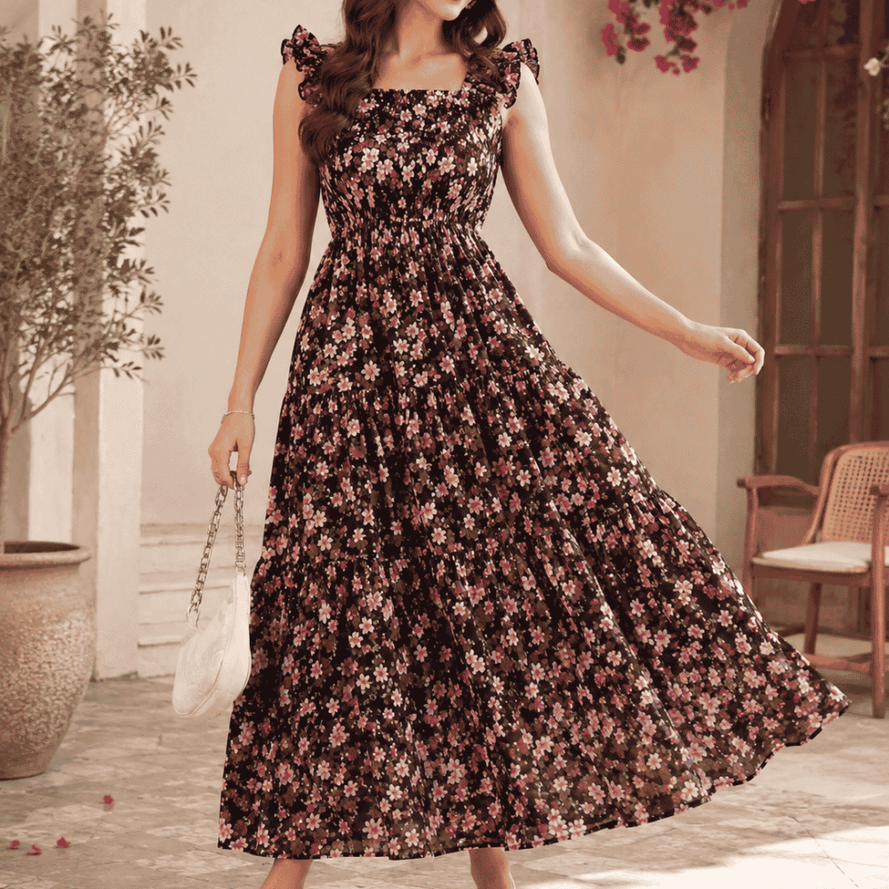 Women's Black Floral Printed Square Neck Maxi Dress with Ruffle Sleeves & Smocked Waist