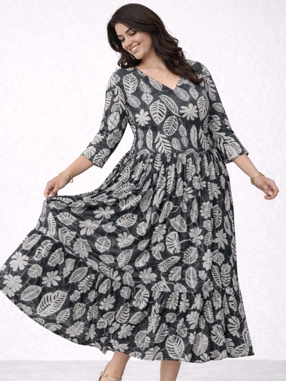 3 Women's Grey Leaf Printed Tiered Midi Dress | V-Neck Casual Dress
