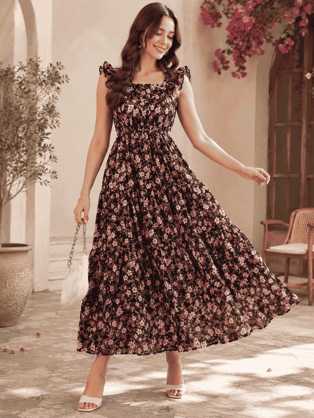 Women's Black Floral Printed Square Neck Maxi Dress with Ruffle Sleeves & Smocked Waist