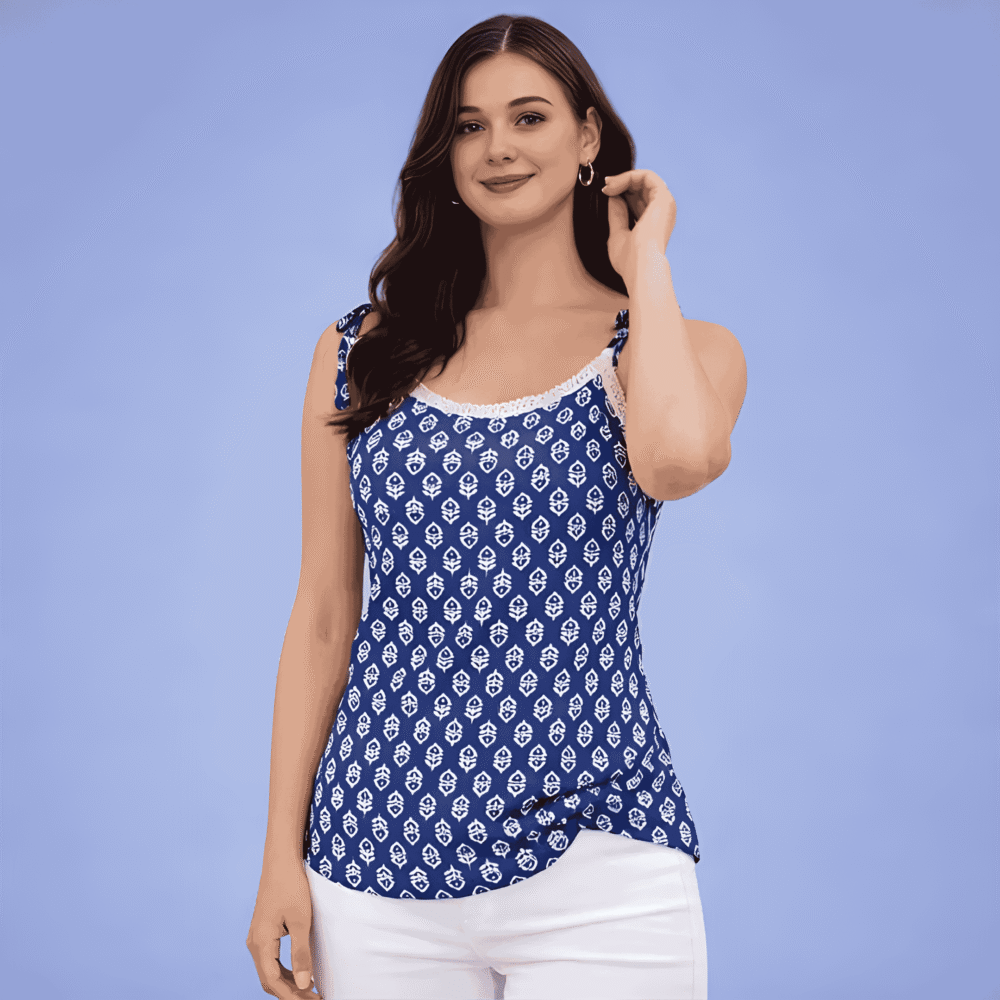3 Women's Navy Blue Printed Tie-Up Strap Camisole Top with Lace Neck
