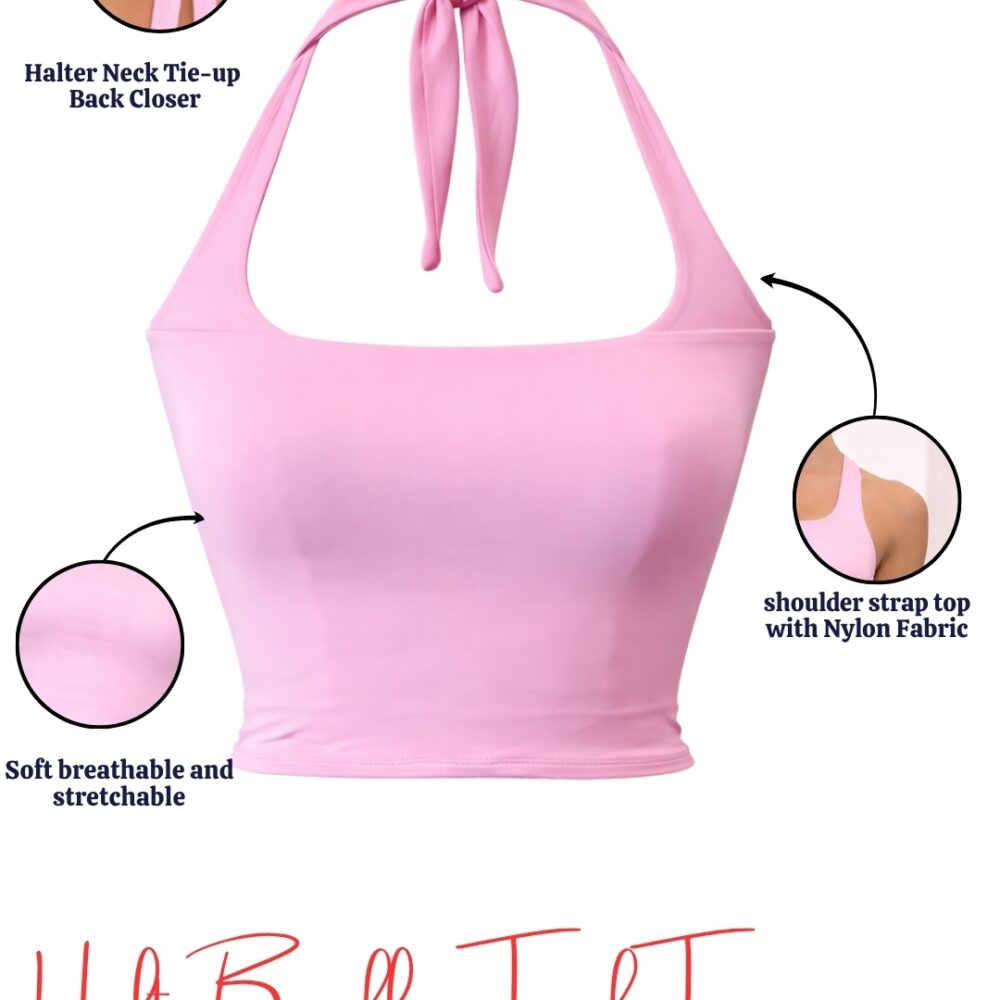 Women's Light Pink Halter Neck Crop Top | Backless Sleeveless Stretch Tank Top