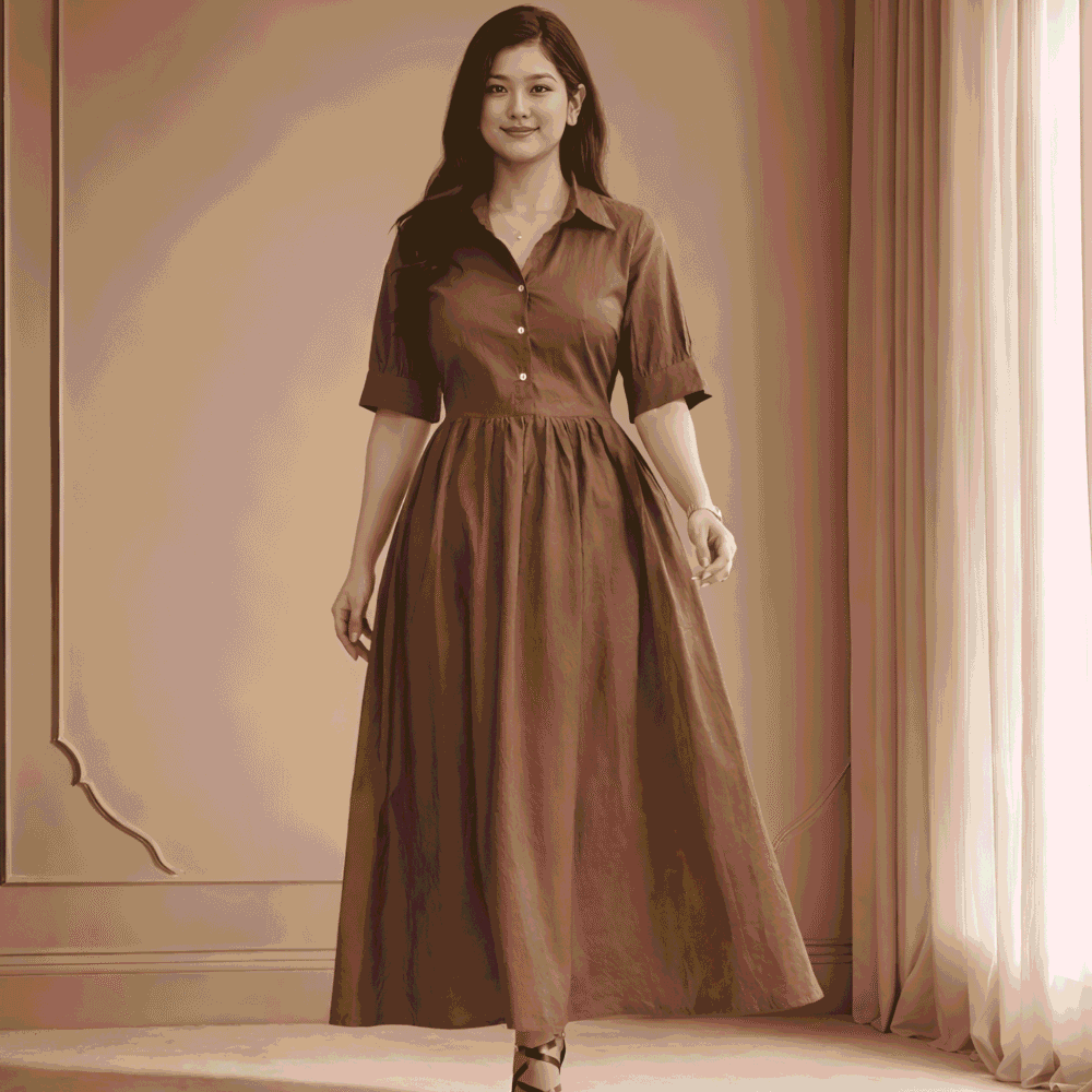 3 Brown Shirt Collar Maxi Dress for Women | Casual A-Line Cotton Blend Long Dress