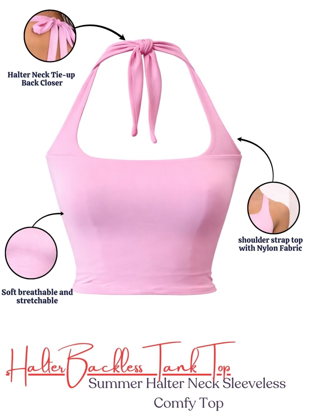 Women's Light Pink Halter Neck Crop Top | Backless Sleeveless Stretch Tank Top