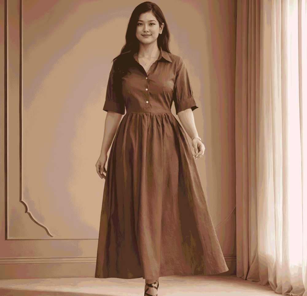 3 Brown Shirt Collar Maxi Dress for Women | Casual A-Line Cotton Blend Long Dress