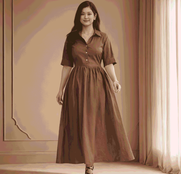 3 Brown Shirt Collar Maxi Dress for Women | Casual A-Line Cotton Blend Long Dress