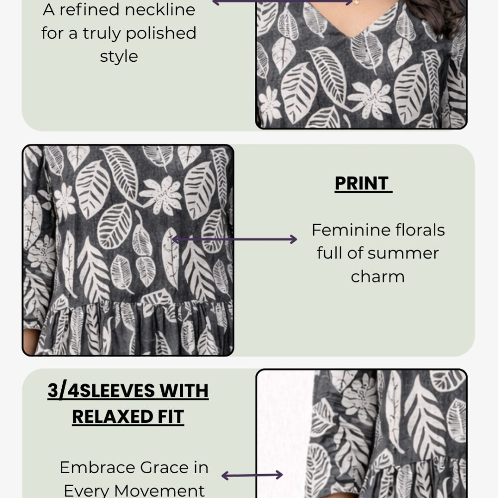 4 Women's Grey Leaf Printed Tiered Midi Dress | V-Neck Casual Dress