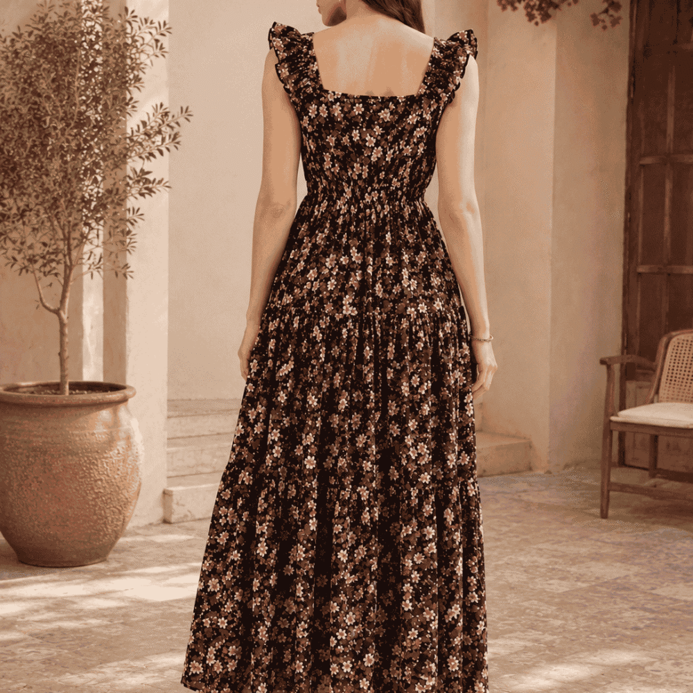 Women's Black Floral Printed Square Neck Maxi Dress with Ruffle Sleeves & Smocked Waist