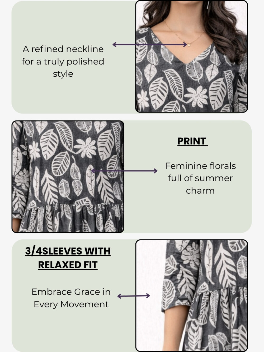4 Women's Grey Leaf Printed Tiered Midi Dress | V-Neck Casual Dress
