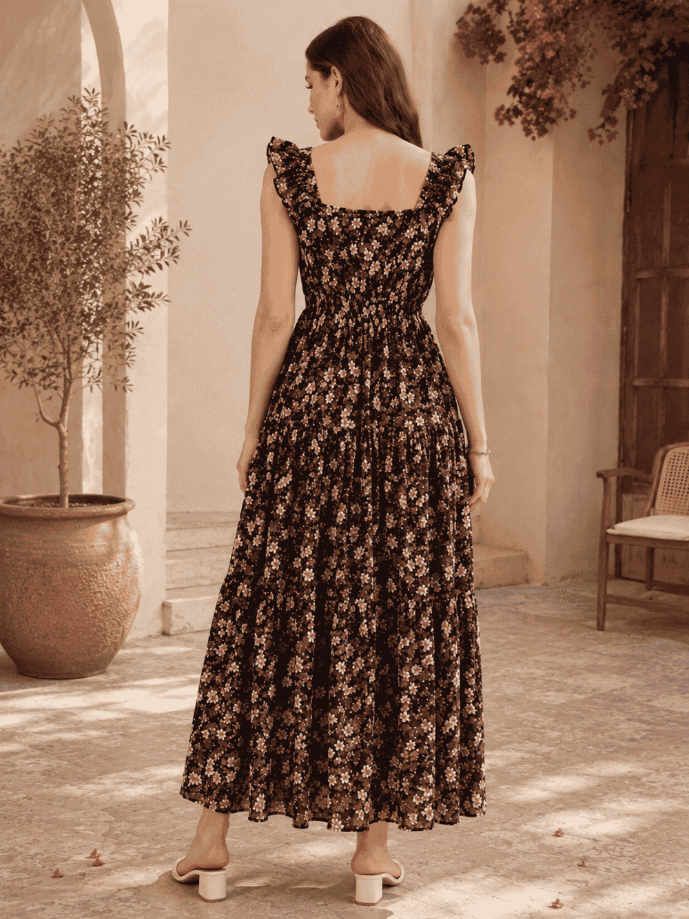 Women's Black Floral Printed Square Neck Maxi Dress with Ruffle Sleeves & Smocked Waist