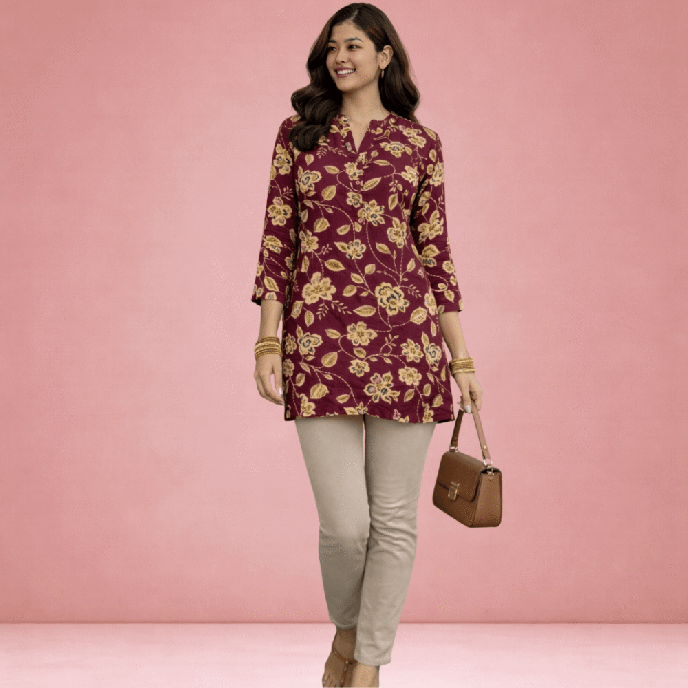 Women's Maroon Floral Printed Cotton Straight Kurti with 3/4 Sleeves