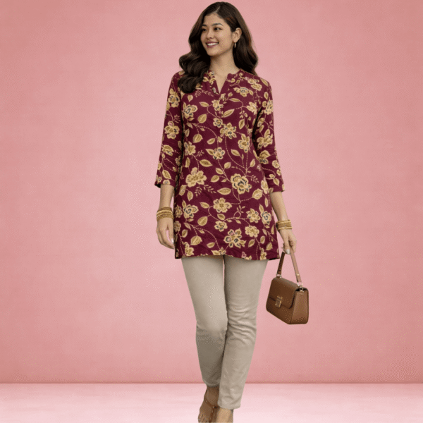 4 Women's Maroon Floral Printed Cotton Straight Kurti with 3/4 Sleeves