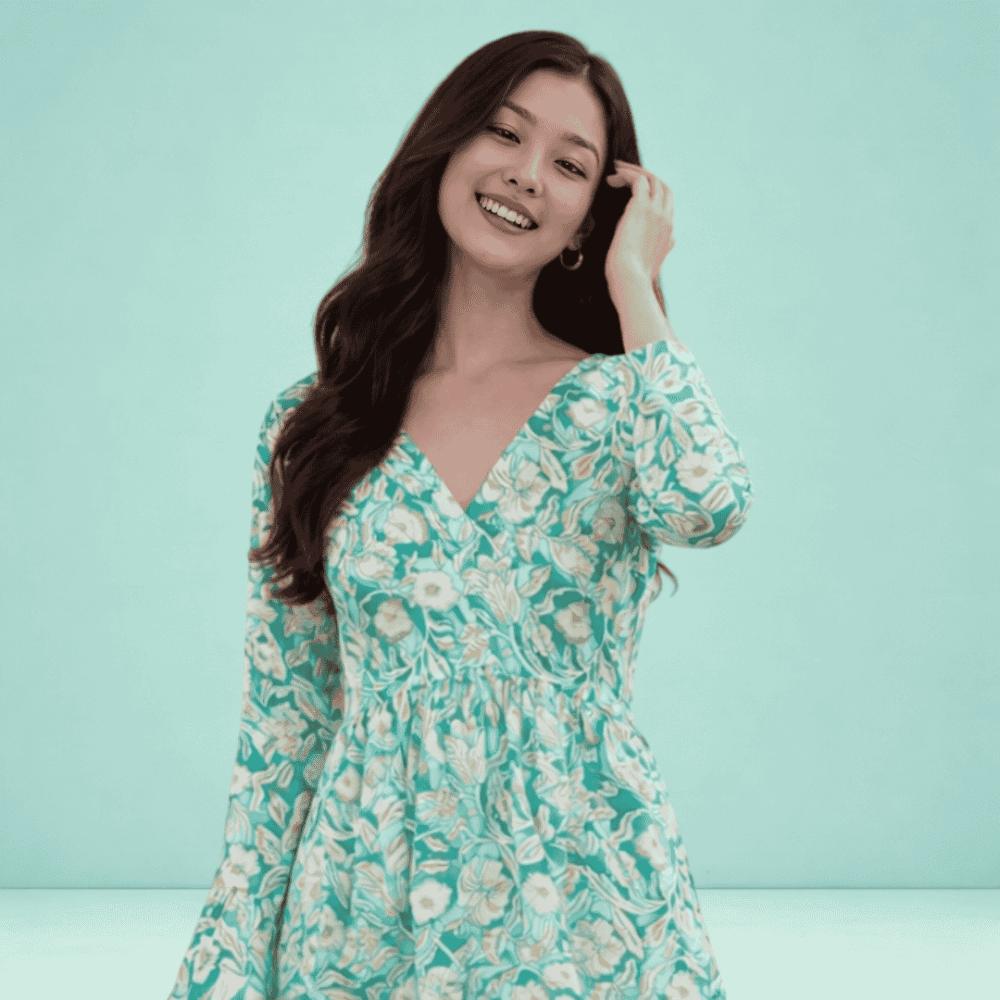 Women's Sea Green Floral Printed Peplum Top | V-Neck Bell Sleeve Casual Top