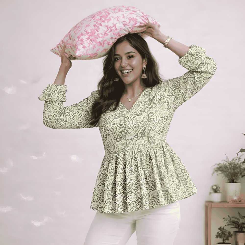 Women's Sage Green Paisley Printed Peplum Top