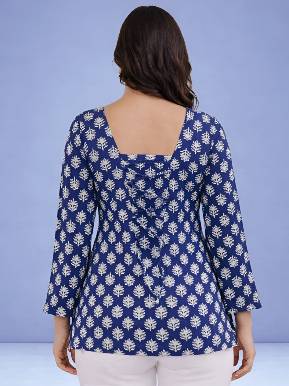 Women's Blue Printed Tunic Top | Square Neck Bell Sleeve Casual Top