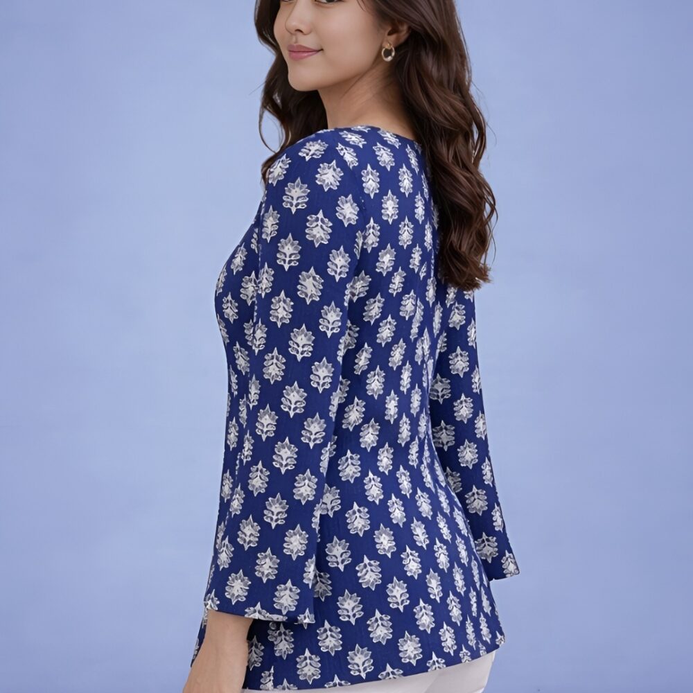 Women's Blue Printed Tunic Top | Square Neck Bell Sleeve Casual Top