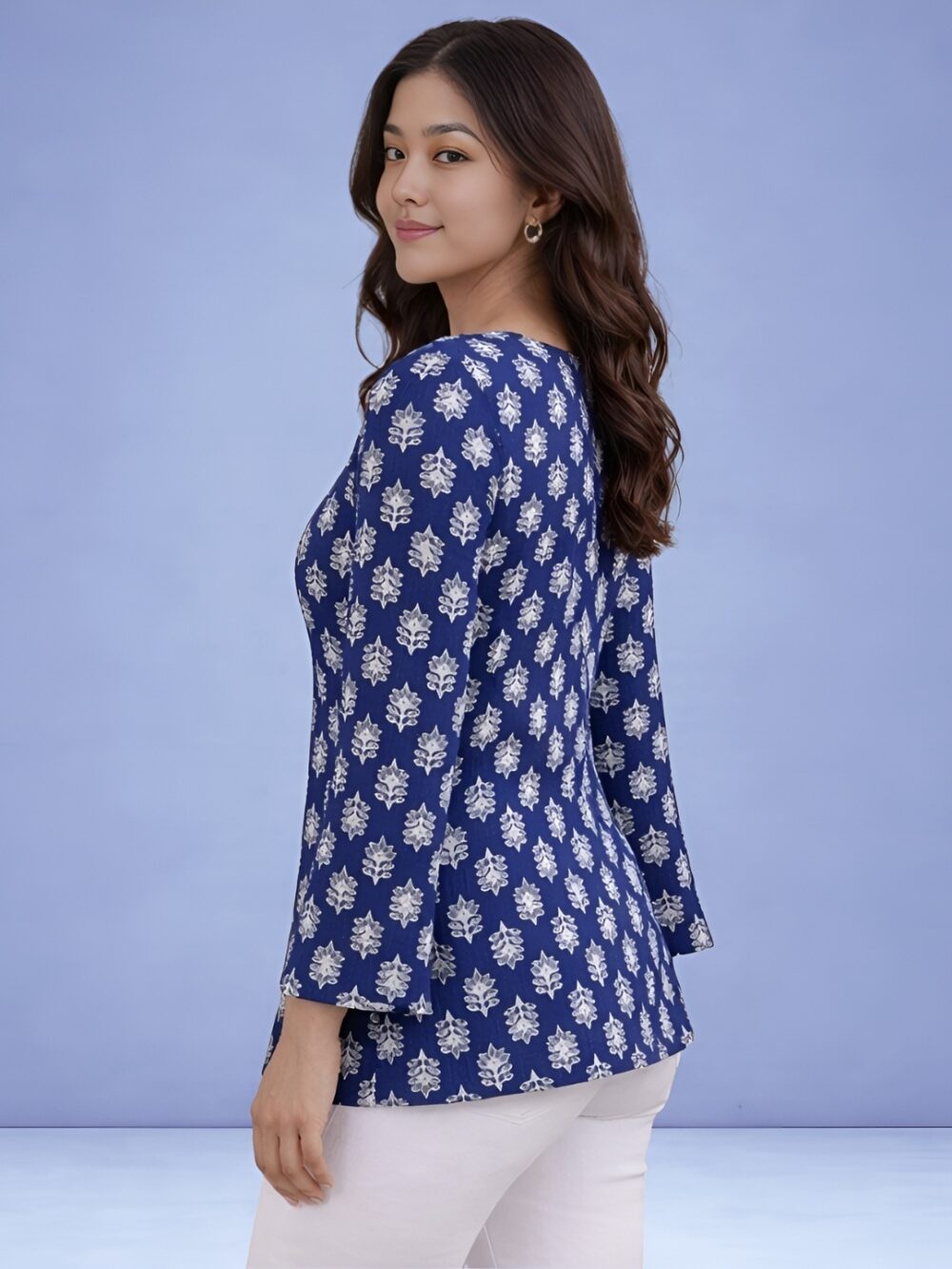 Women's Blue Printed Tunic Top | Square Neck Bell Sleeve Casual Top