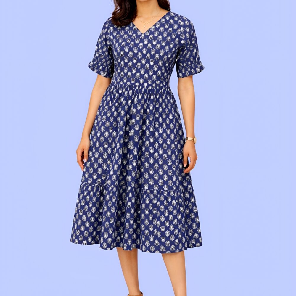 Women's Navy Blue Printed V-Neck A-Line Midi Dress | Short Sleeve Casual Cotton Dress