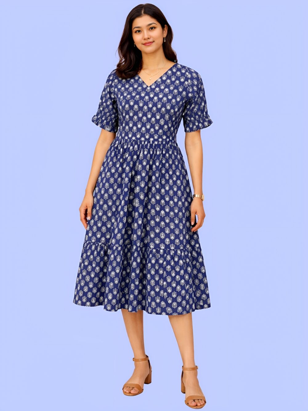 Women's Navy Blue Printed V-Neck A-Line Midi Dress | Short Sleeve Casual Cotton Dress