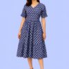 475 Women's Navy Blue Printed V-Neck A-Line Midi Dress | Short Sleeve Casual Cotton Dress