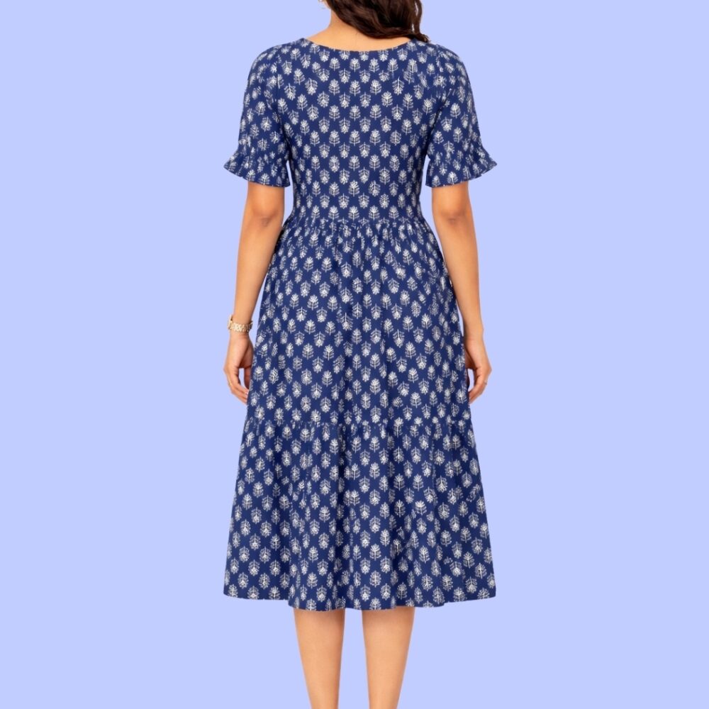 Women's Navy Blue Printed V-Neck A-Line Midi Dress | Short Sleeve Casual Cotton Dress