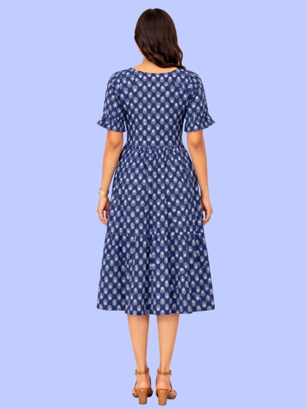 Women's Navy Blue Printed V-Neck A-Line Midi Dress | Short Sleeve Casual Cotton Dress