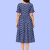 476 Women's Navy Blue Printed V-Neck A-Line Midi Dress | Short Sleeve Casual Cotton Dress