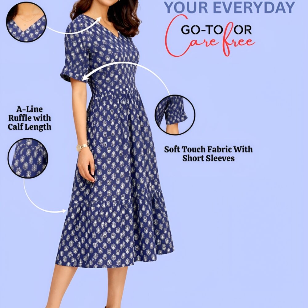 Women's Navy Blue Printed V-Neck A-Line Midi Dress | Short Sleeve Casual Cotton Dress