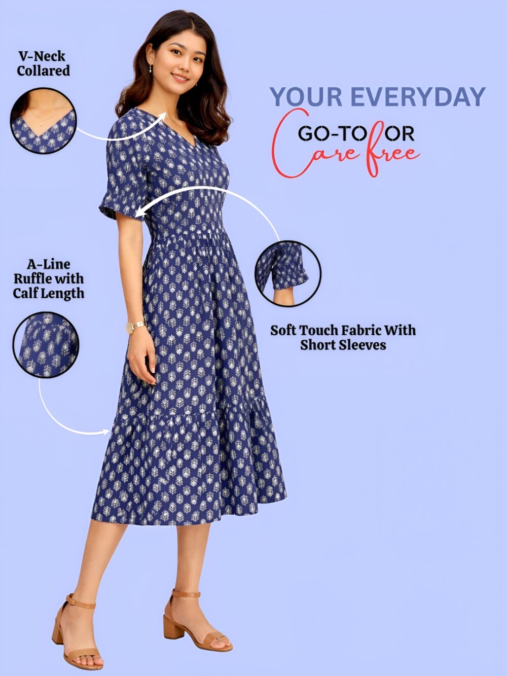 Women's Navy Blue Printed V-Neck A-Line Midi Dress | Short Sleeve Casual Cotton Dress