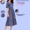 477 Women's Navy Blue Printed V-Neck A-Line Midi Dress | Short Sleeve Casual Cotton Dress